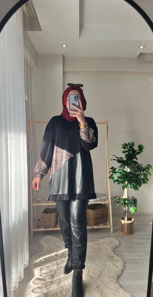 Leopar & Deri Detaylı Tunik