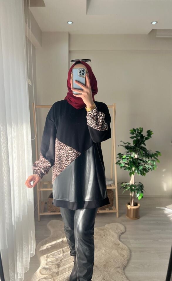 Leopar & Deri Detaylı Tunik