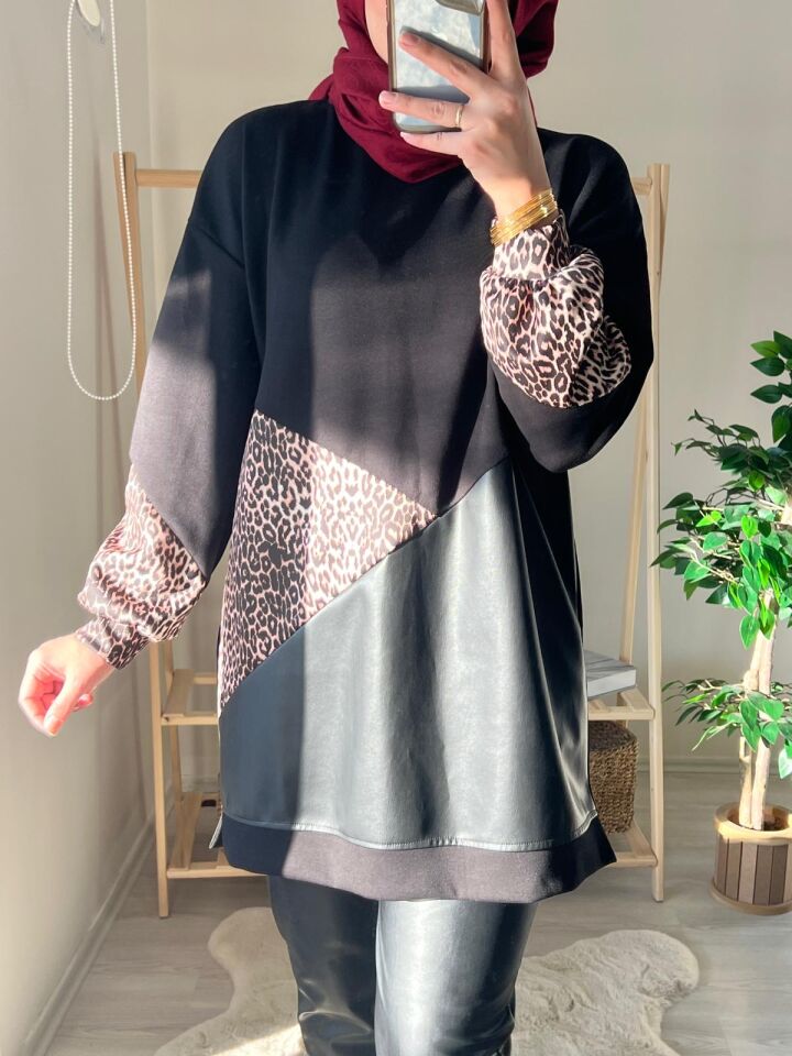 Leopar & Deri Detaylı Tunik
